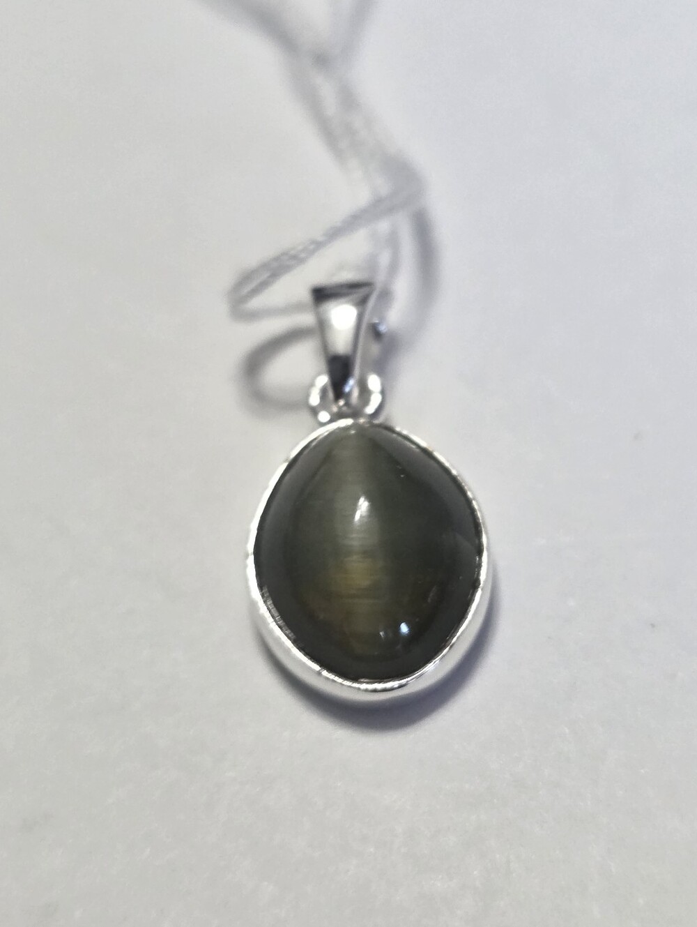 Sterling Silver Oval Cat's Eye Pendant in Olive Green